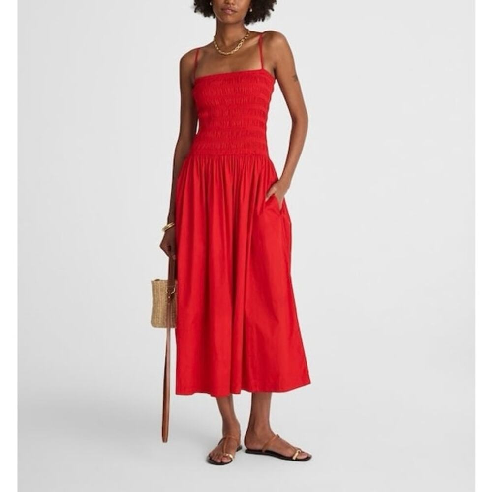 NWT Madewell Cotton Poplin Smocked Bodice Maxi Dress In Festival Red Large
